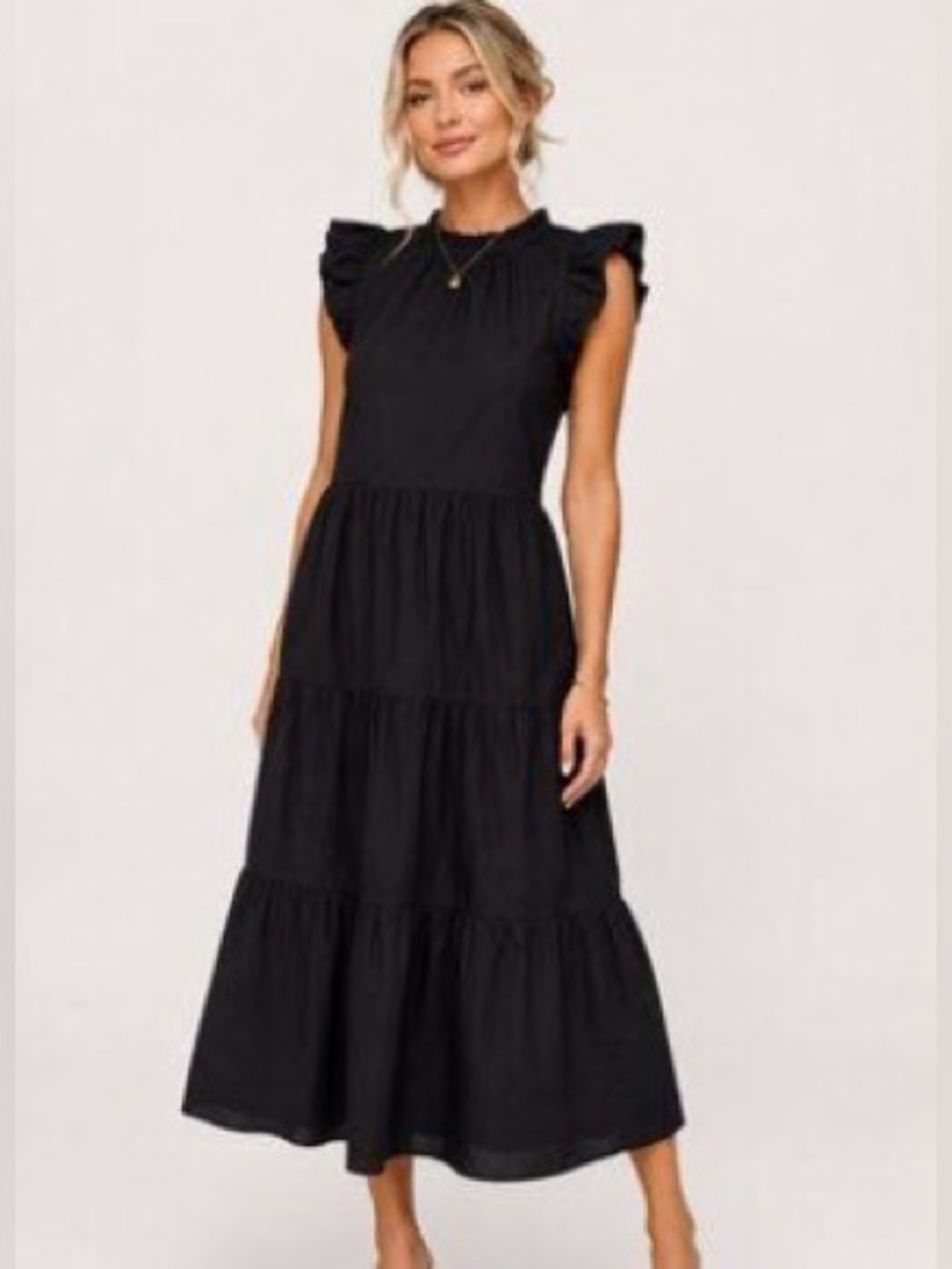 NEW J Crew Black Tiered Ruffle Sleeve Cotton Poplin Midi Dress Women's LT